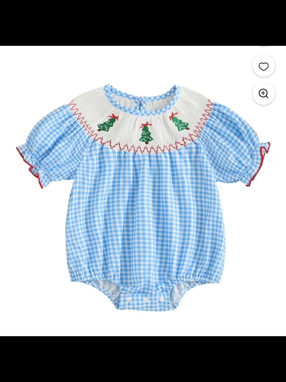 Brand New Vintage Baby Blue Gingham Smocked Romper with Christmas Trees